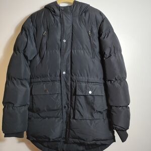 Chrisuno Boys Black Heavyweight Mid-Length Hooded Winter Coat Size 14/16 Flaw